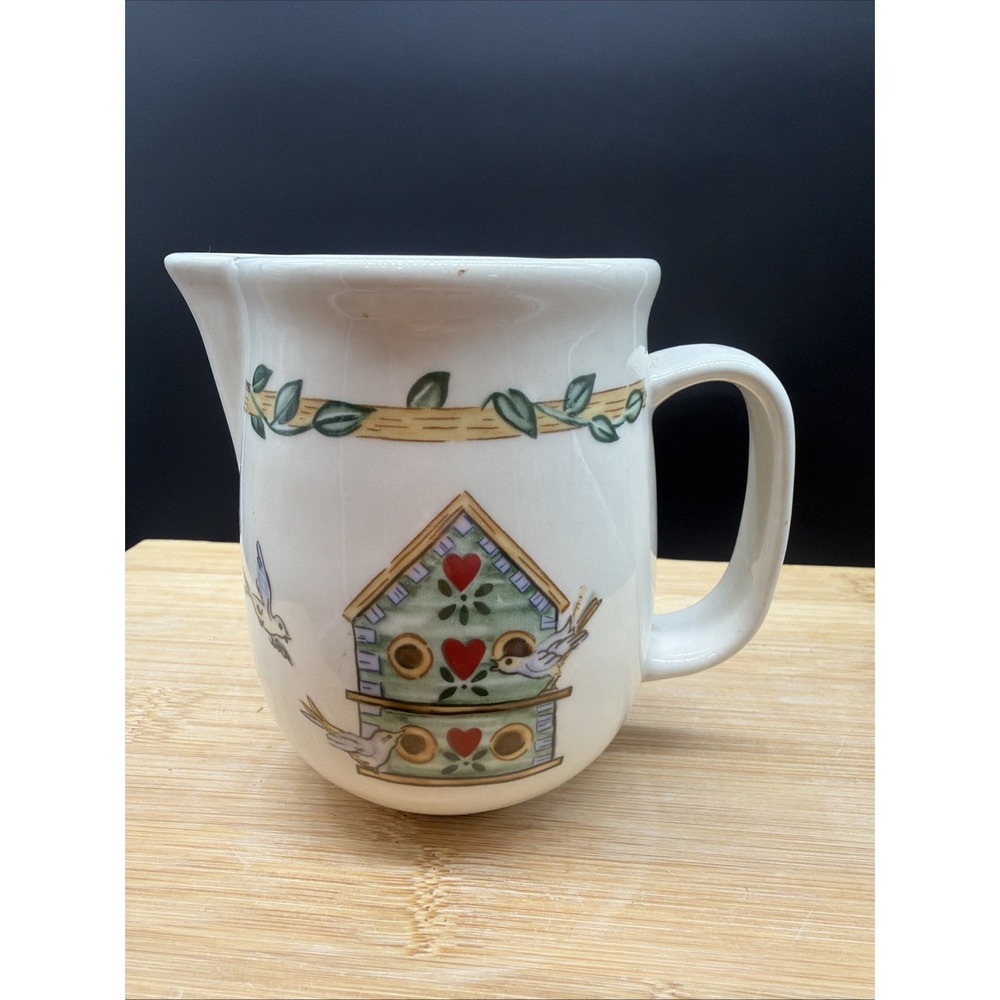 VTG Thomson Pottery Birdhouse Pattern Creamer Pitcher Birdhouse Heart Birds